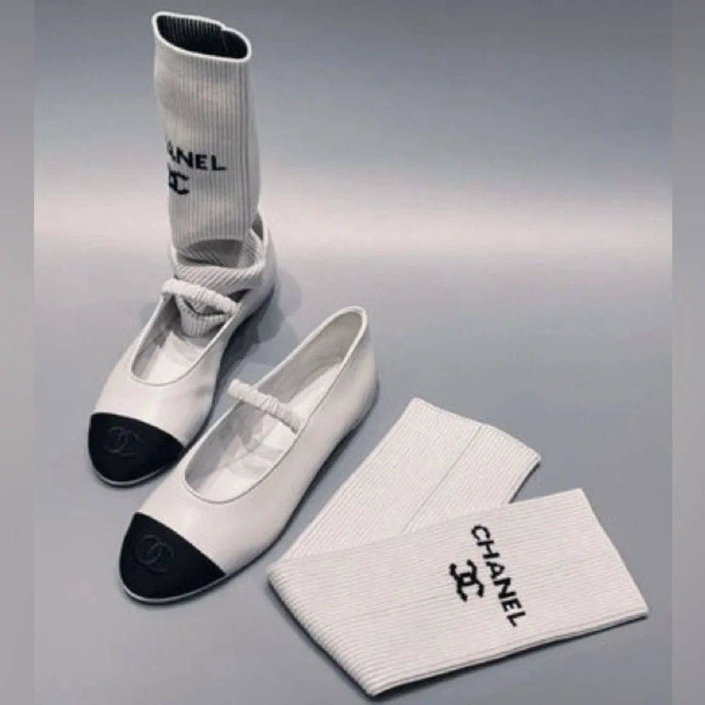 Chanel Cruise 2024 Lambskin Grosgrain Cap Toe Ballerina Flats w/ Leg Warmers 39 - Picture 2 of 15